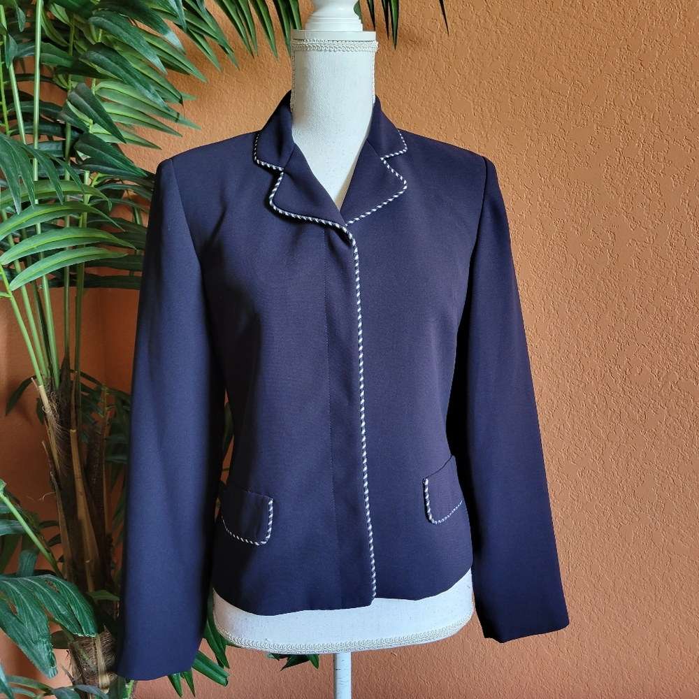 Talbots Petites Blazer Jacket Button Front Navy Blue White Classic 8